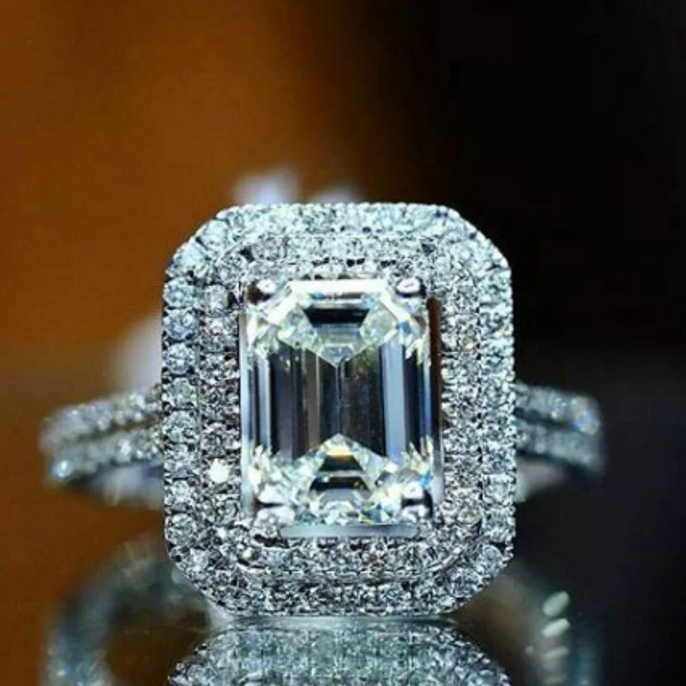 😍Radiant Cut Zircon Macro Pave Silver Plated Luxury Wedding Ring Women, L215